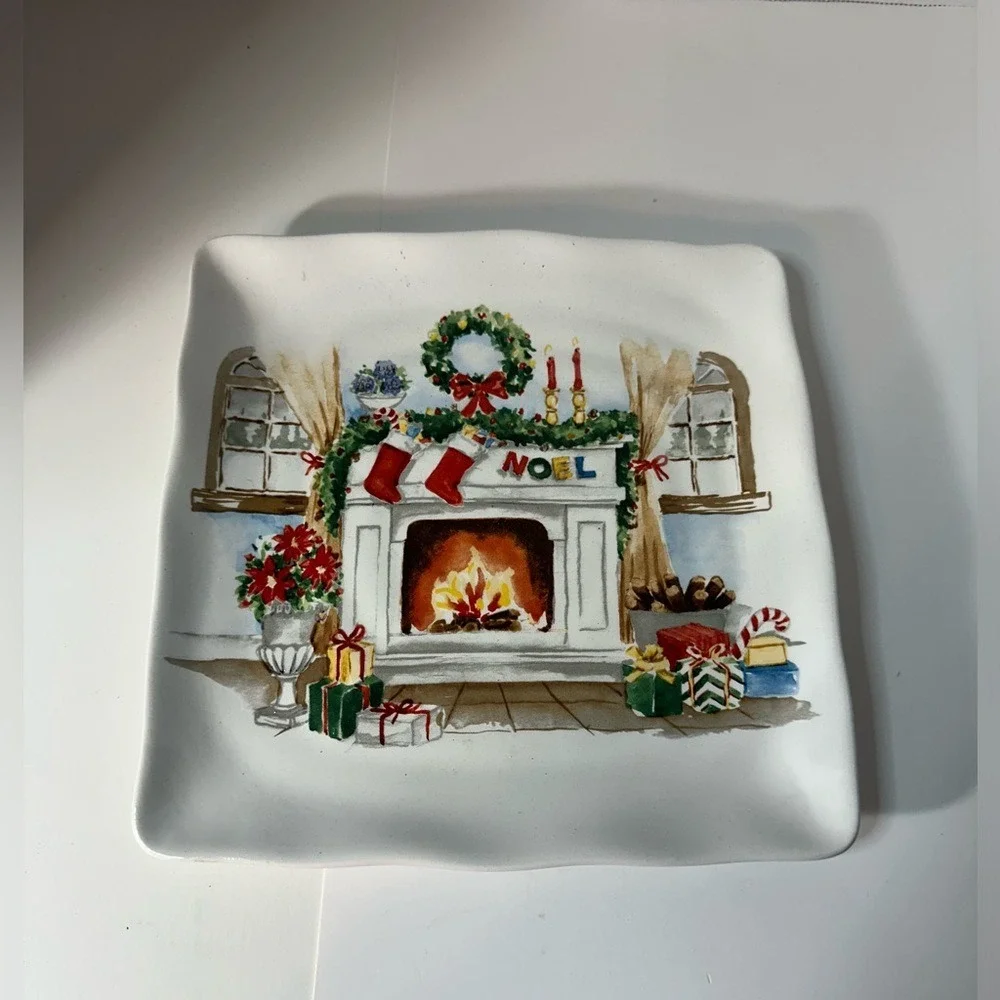 Maxcera‎ Christmas Fireplace Noel Square Ceramic Salad Appetizer Plate 8.5 Inch